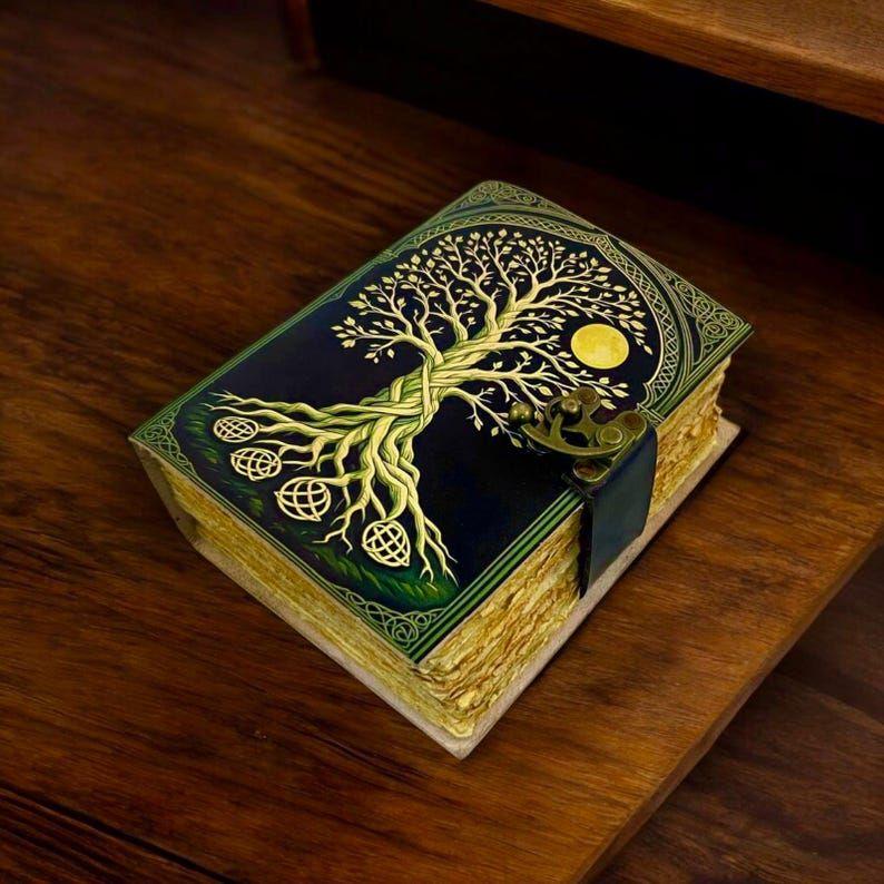 200 Page Large Grimoire Vintage Leather Journal, Tree of Life Fat Journal, Blank Spell Book of Shadows Celestial Gifts For Him Her
