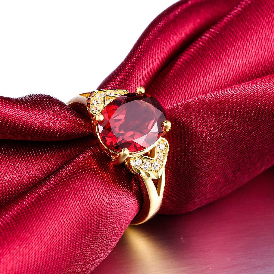 Gold-Plated Red Crystal Ring for Women - Adjustable European Style with Ruby and Full Micro-Paved Zirconia.