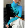 Women's Cheongsam Collar Long-sleeved T-shirt with Gradual Change of Color Oil Painting Wave Printing, Spring and Autumn Series
