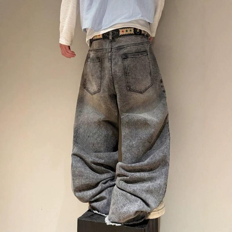 Jeans en Denim Coupe Droite Brodés Fleurs de Cerisier Style Street Gothique Unisexe Vêtement Décontracté Jeune