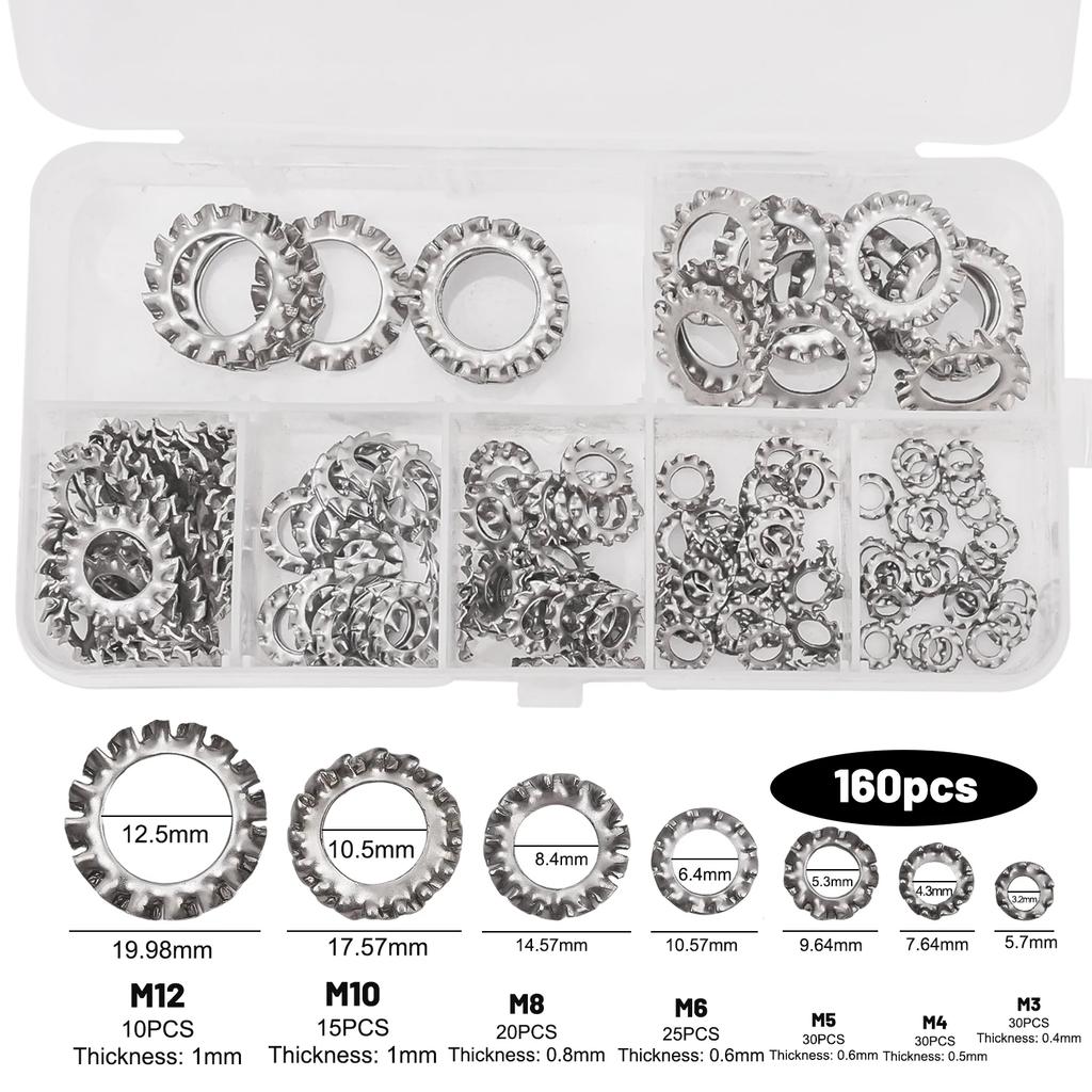 External Tooth Lock Washer Kit M3-M12 Star Serrated Gasket Spacer Assortment Set Stainless Steel Multi Tooth Washer Hardware Box