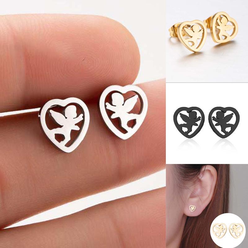 Korean Stainless Steel Peach Heart & Angel Stud Earrings - Cute Couple Jewelry Set