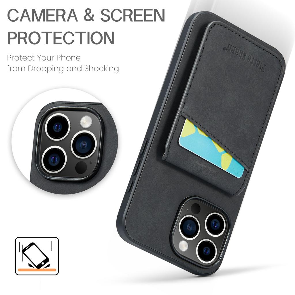FIERRE SHANN For iPhone 16 Pro Max Case Card Holder Kickstand Leather RFID Blocking Back Cover