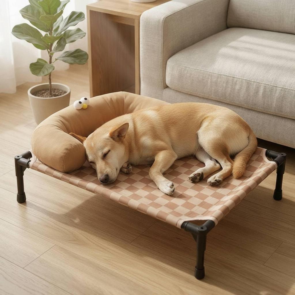 Detachable Pet Cot Raised Bed with Checkered Fabric Surface for Small Animals Sturdy Iron Frame