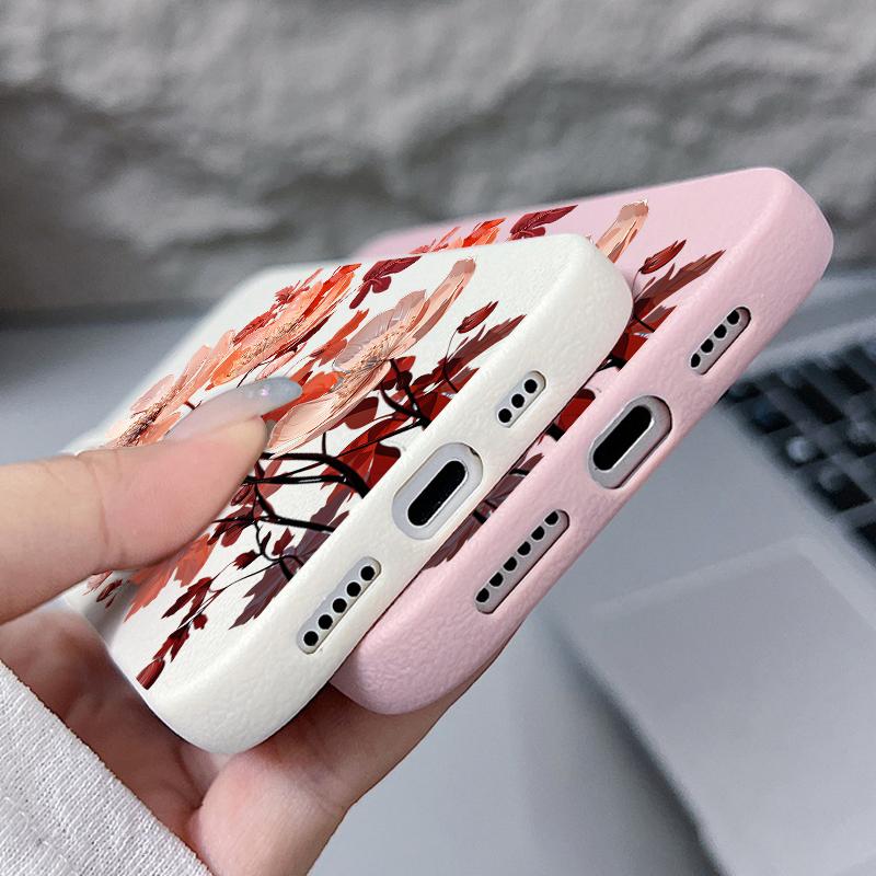 Handyhülle mit rosa Blumenmuster, Lederstruktur für iPhone 16 Pro 15 14 13 12 Pro Max, stoßfest, matt, schlank, einfarbig, TPU, weich, sturzsicher