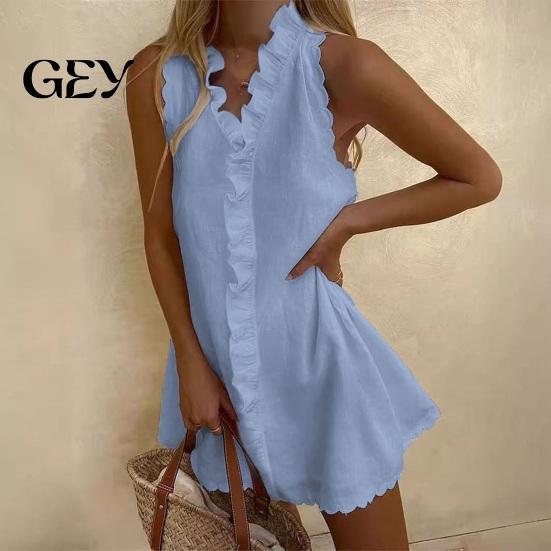 Ruffle Mini Skirt Dress Summer for Women, Sleeveless V Neck Cotton Sundress Beach Vacation Linen Short Dress, Boho Casual A-Line Women