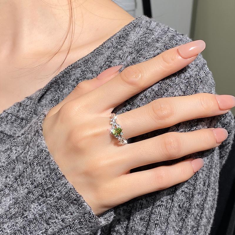 S925 Silberring Damen Lorbeerzweig Natürlicher Kristallstein Offener Mund Hand Schmuck Weißgold plattiert Nischen Design Sinn Tägliche Schmuckstücke Geschenk