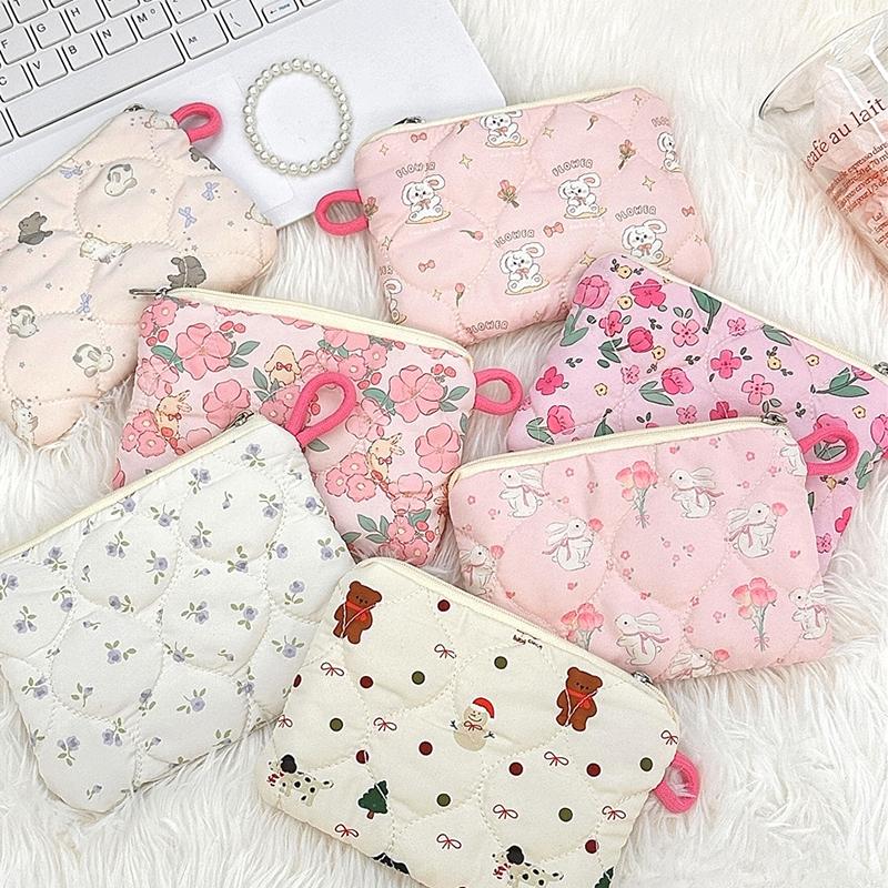 Ins Style Flower Coin Purse Cartoon Rabbit Clutch Bag Lipstick Earphone Sundries Storage Bag Wallet Pouch Mini Makeup Bag