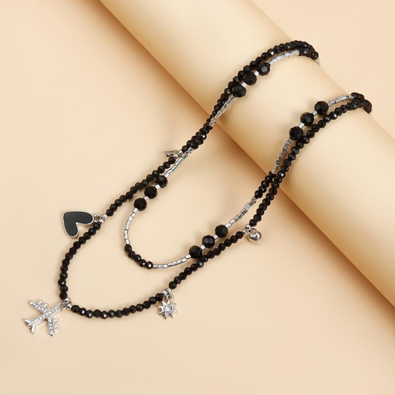 Gothic Plane Pendant Necklace Layer Black Beaded Charm Spikes Necklaces Crystals Cubic Zirconia Faith Jewelry for Women
