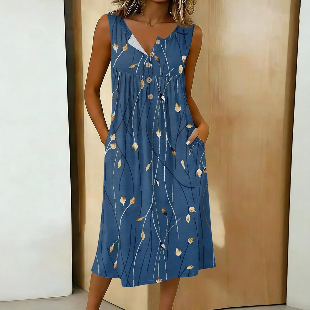 Women's Casual Sleeveless Button-down Mid-length Dress