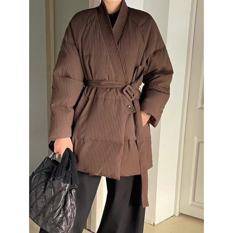 Korean Style V-neck Belted Down Jacket for Women In Autumn and Winter New Style