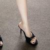 Sexy leopard print high-heeled slippers square head high-heeled sandals new word with thick heels high heels women's summer wear