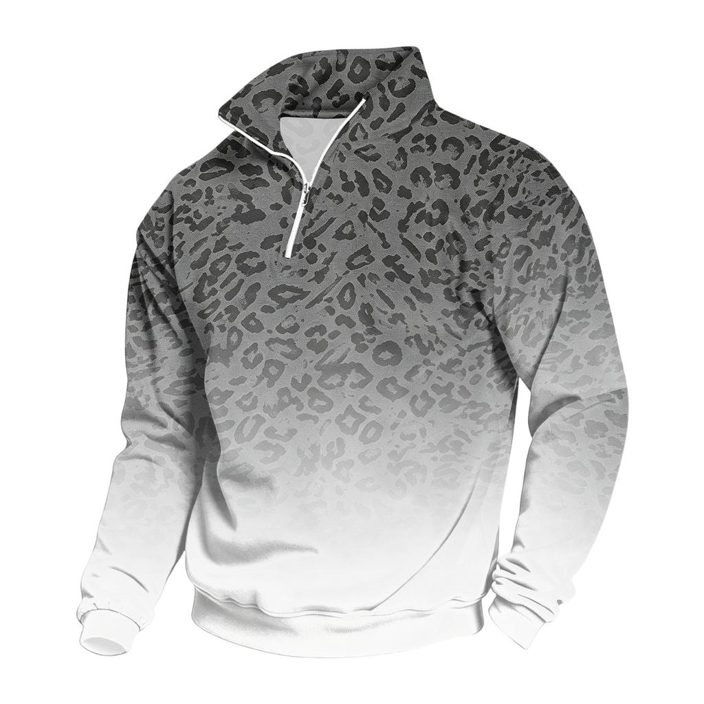 Men's Casual 1/4 Zip Stand Collar Sweatshirt with Leopard Print for Everyday Wear
