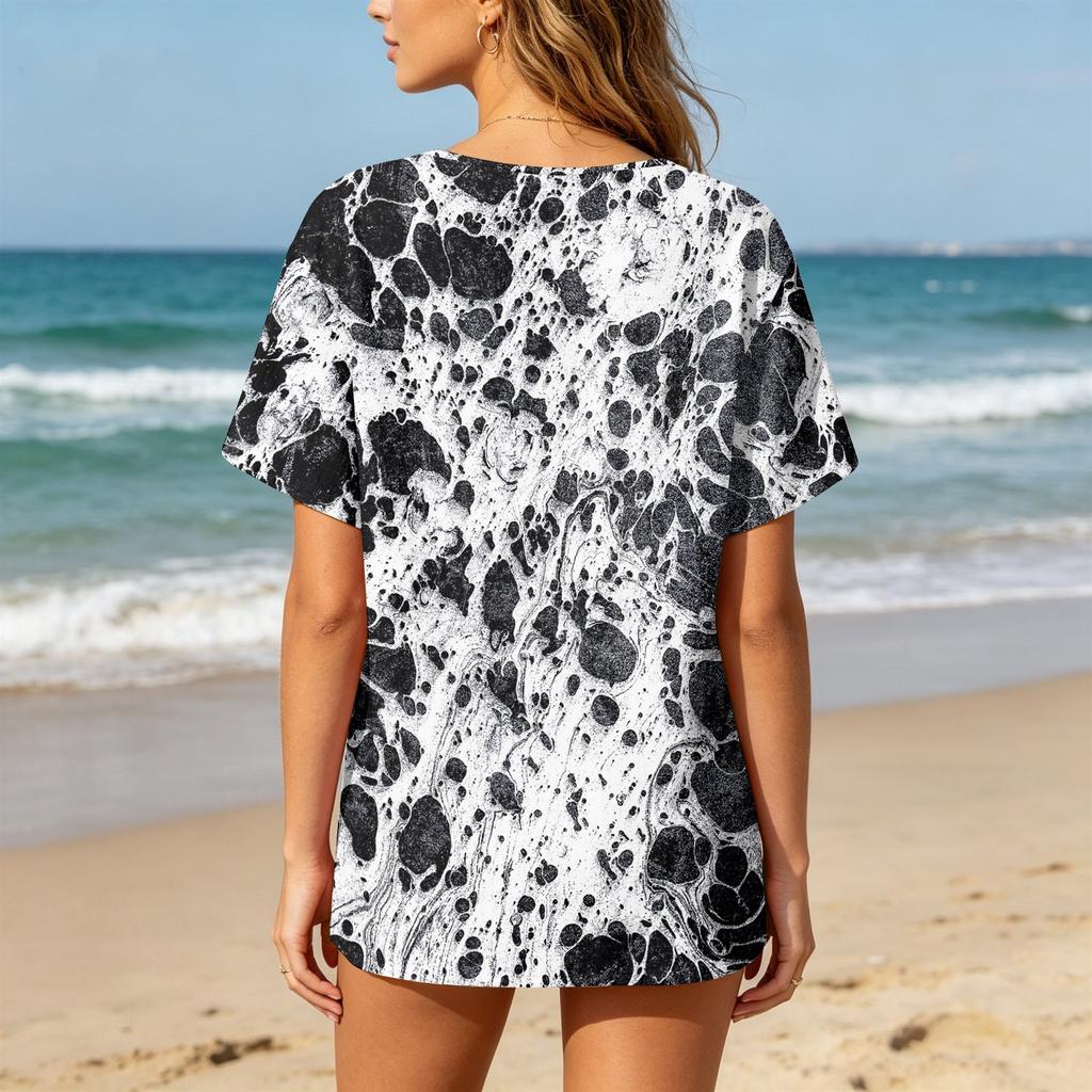 Women’s Printed Short Sleeve Henley Neck Shirt with Front Pocket Cotton Linen Material Relaxed Fit Casual Top