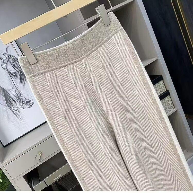 Autumn 2025 Women's High-Waist Wide-Leg Herringbone Knit Wool Pants – Loose, Floor-Length, Casual Outerwear