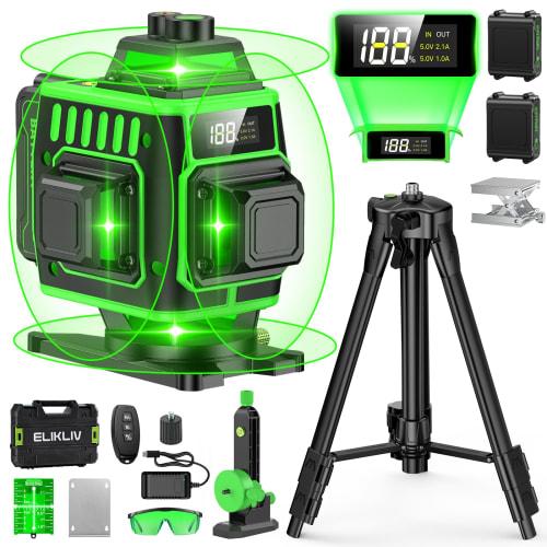 [2025 Improved] Elikliv Green Laser Level, 4 x 360, 16 Lines, Full-Line Level with LCD Battery Indicator, High Brightness and High Accuracy, Auto-Cor