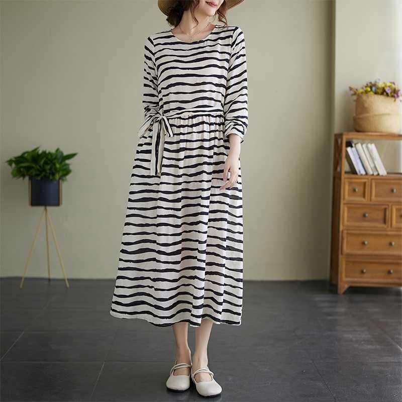 Vintage Literary Style Striped Printed Round Neck Long Sleeve Tie Dress