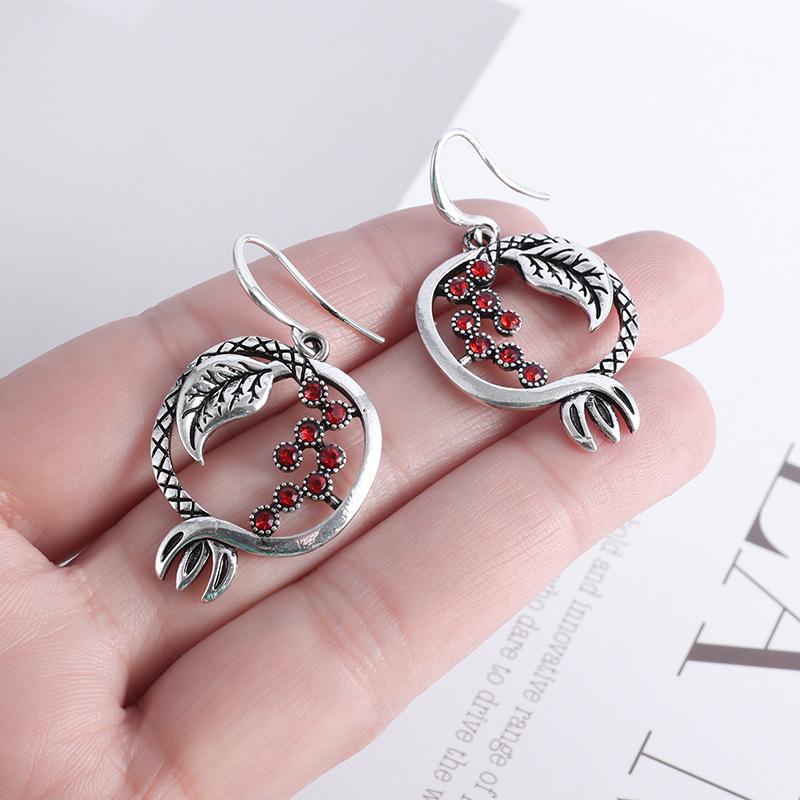 New Red Pomegranate Earrings Womens Fashion Retro Antique Silver Earrings Accessories