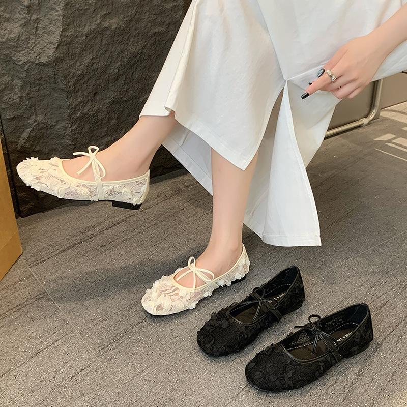 French Lace Mesh Single Shoes Female Summer New Fairy Wind Gentle with Skirt Flat Soft Sole Breathable Mary Jane Shoes