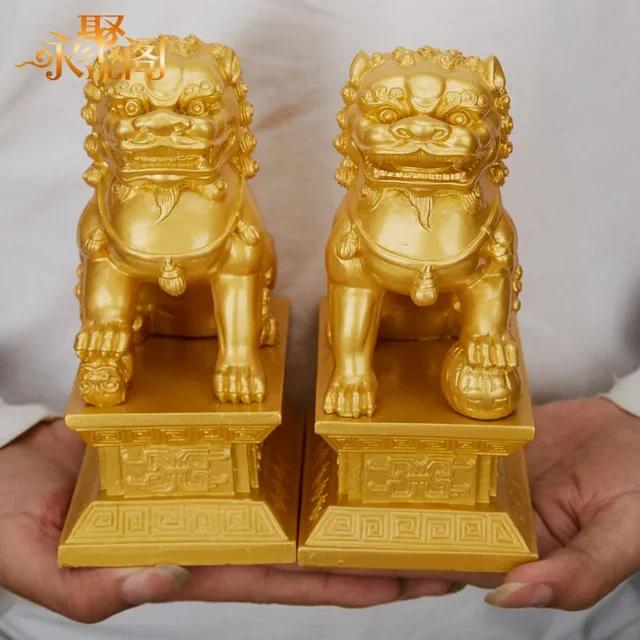 1 Paar Glückslöwenstatue im chinesischen Stil Harztiere Statue Haus Feng Shui Dekor Handwerk Haus Büro Retro Dekorative Statue