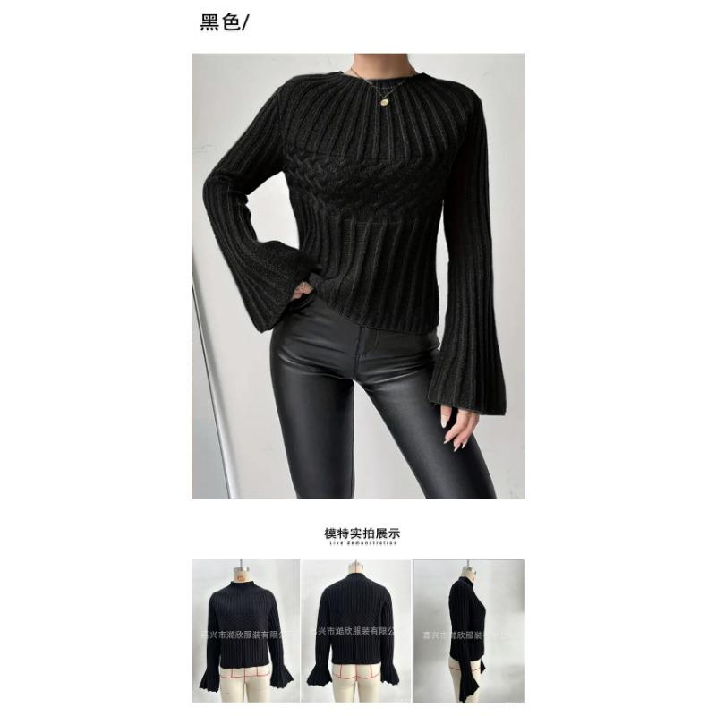 Women S Knit Sweater Pullover Round Neck Flare Sleeve Solid Color Casual Top