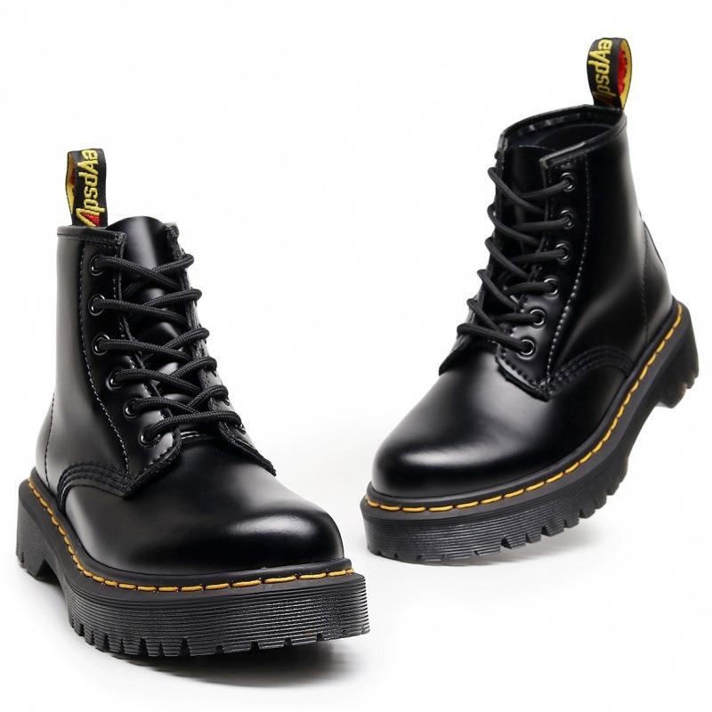 Locomotive Boots Women's 6-hole Open-edged Beads Medium Thick-soled Couple Short Boots Men's and Women's Boots Hard Leather Round