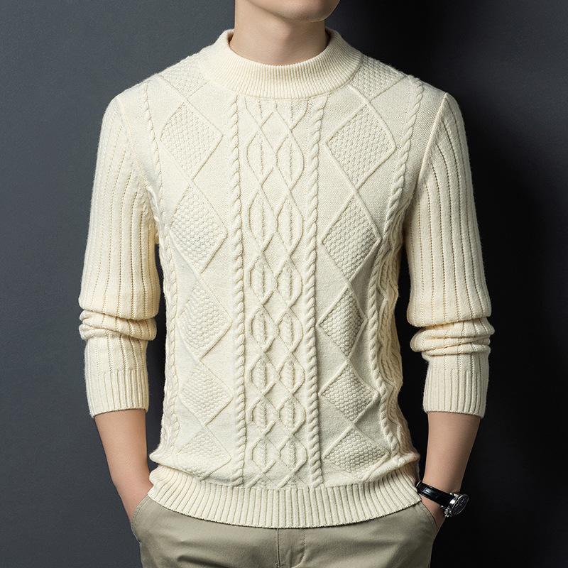 Winter Men's Wool Blend Jacquard Sweater: Thickened Long Sleeve, Half-High Collar, Fashion Casual for All Ages