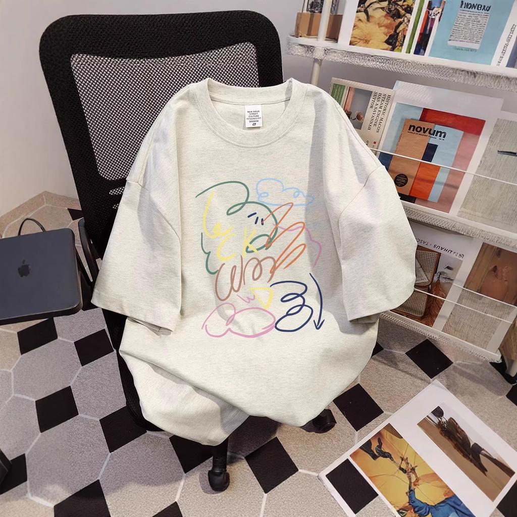 American high street design line printing short-sleeved t-shirt women's summer new loose large size fat mm pure cotton top