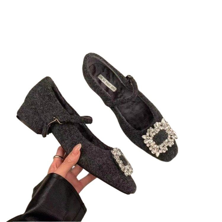 French Low-heeled Black Evening Single Shoes Women's Shoes 2025 Autumn and Winter Rhinestone Square Head Plush Mary Jane Fluffy Shoes