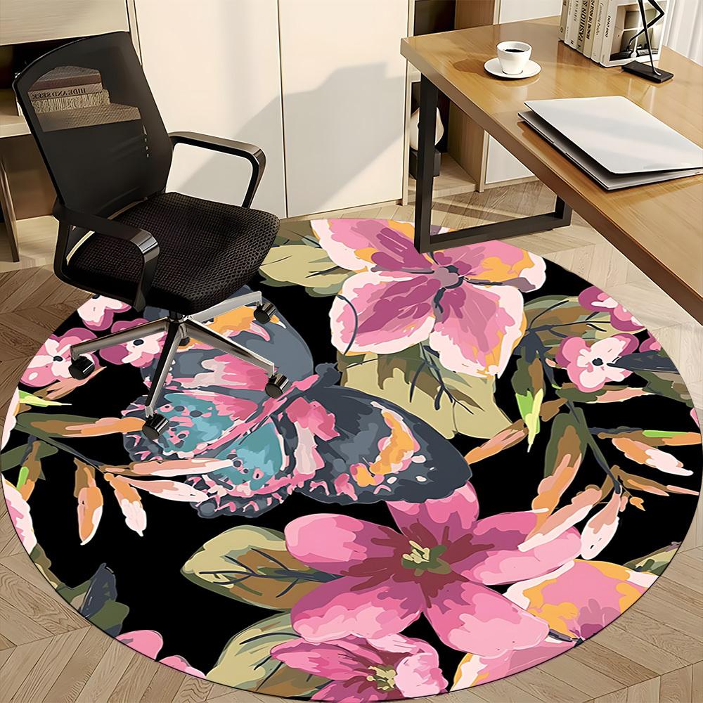 1pc Butterfly Floral Pattern Carpet, Round Non Slip Durable Large Size Office Carpet, Suitable for Office