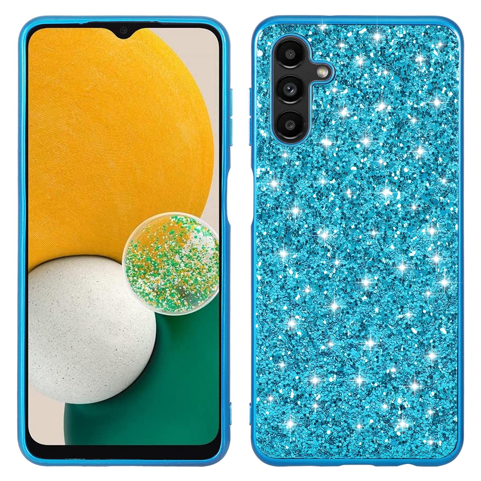 

For Samsung Galaxy A35 5G Cell Phone Case Electroplating TPU Frame Glitter Sequins PC Back Shell Blue