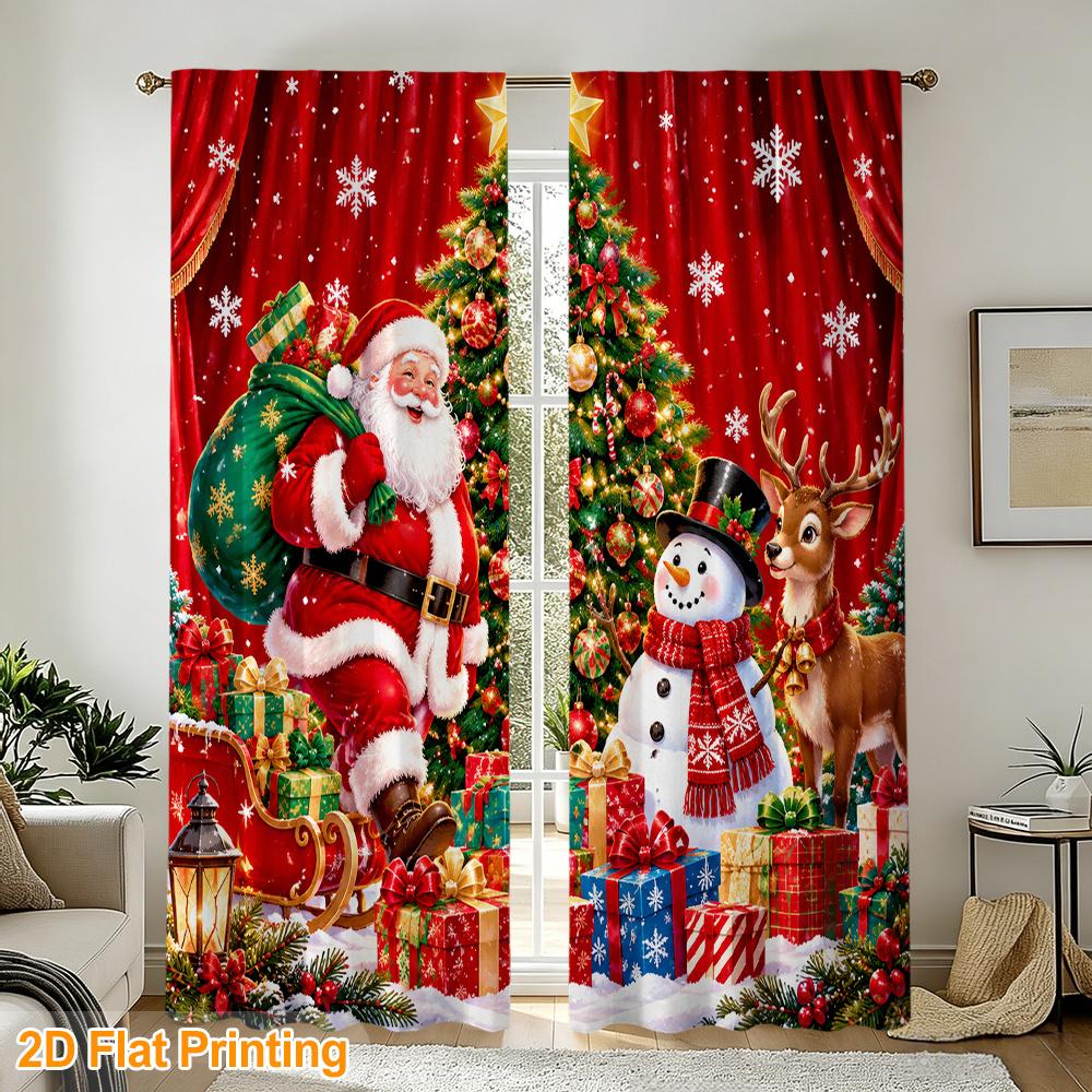 2pcs Rod Pocket Curtain with Santa Christmas Tree Reindeer Gifts Print, Stylish Window Drapes for Home Decor Living Room Bedroom