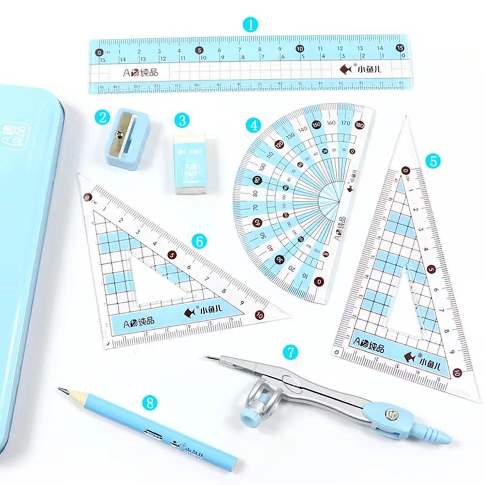8Pcs/Set Metal Box Ruler Compass Set Multi-Function Drawing Stationery Students Gifts