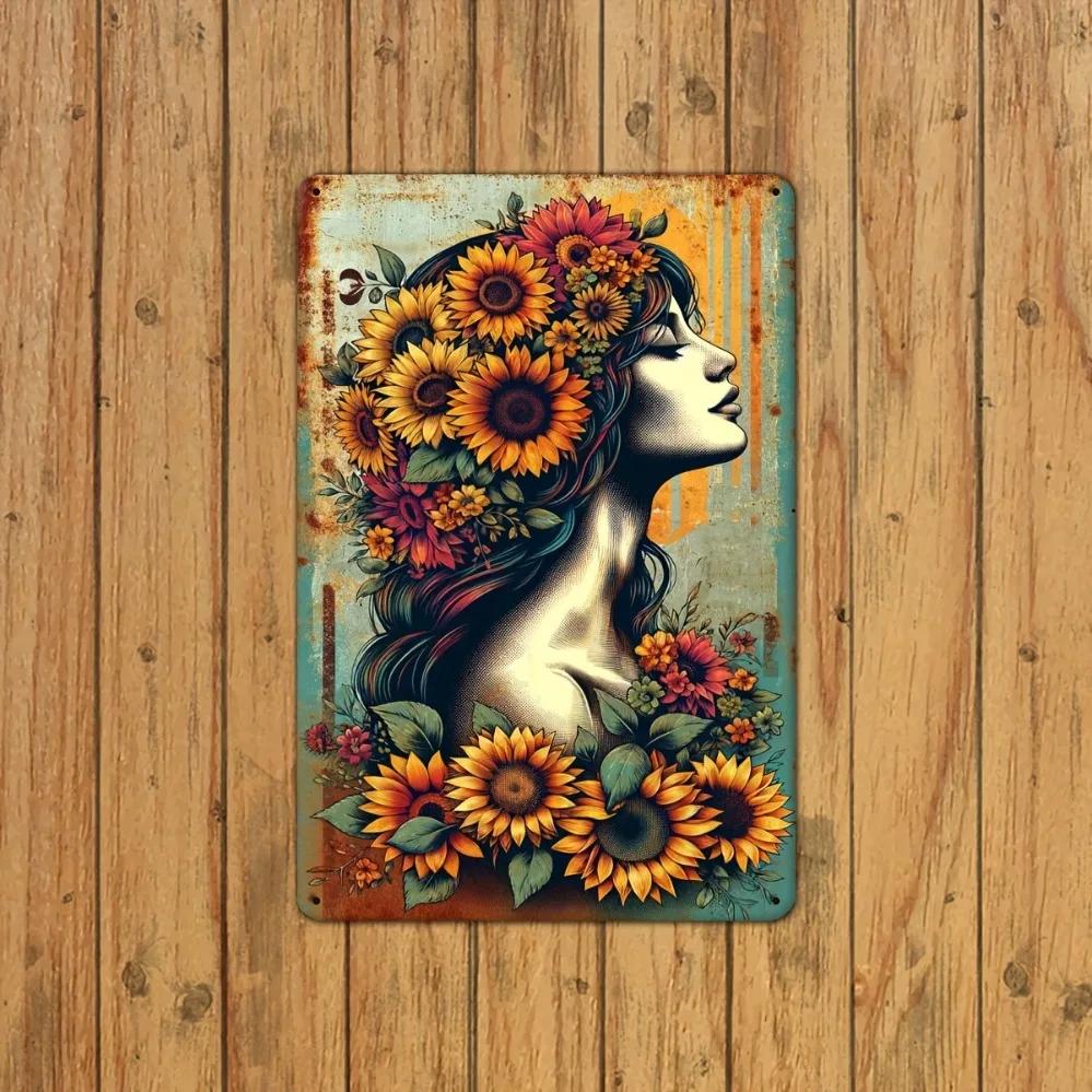 Sunflower and Woman Metal Wall Art Decor for Living Room Bedroom Bar Club Restaurant Coffee House