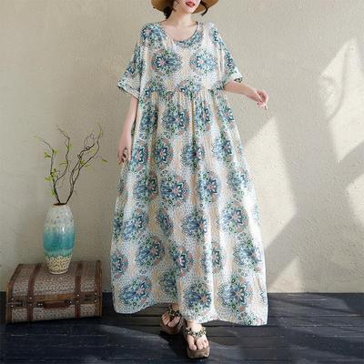 Short Sleeve Plus Size Cotton Vintage Floral New In Dresses for Women Casual Loose Long Summer Dress
