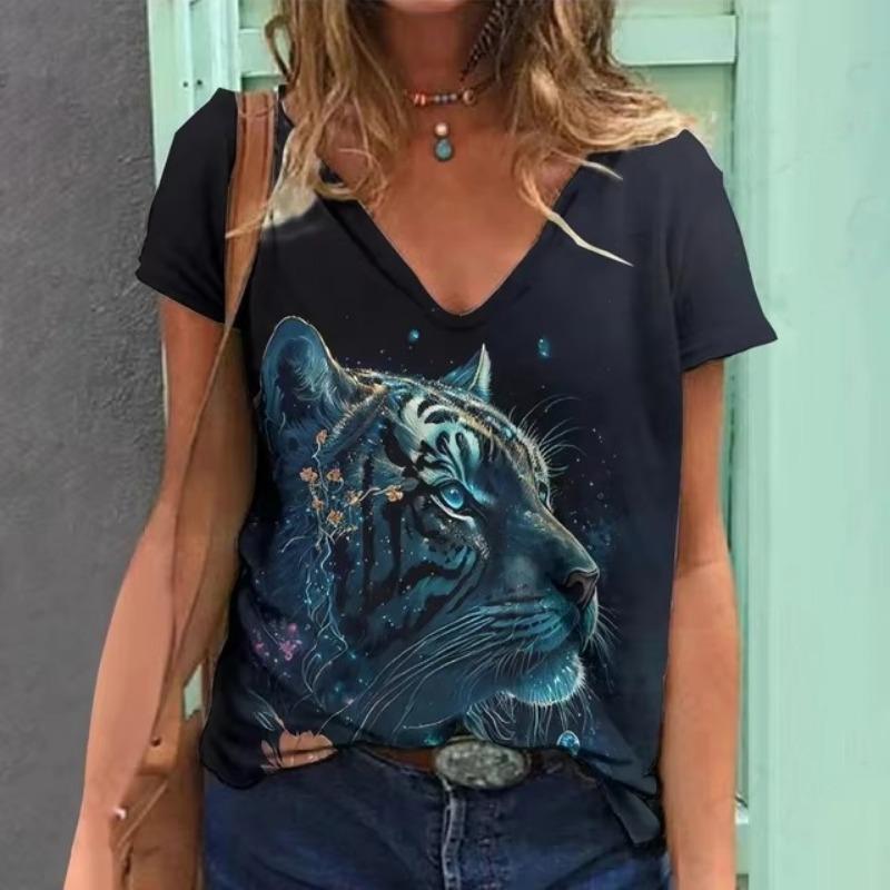 Summer Vintage Animal Tiger T-Shirts 3D Print Women's Casual Short Sleeve V-Neck T Shirt Y2K Tees Harajuku Tops Female Clothing