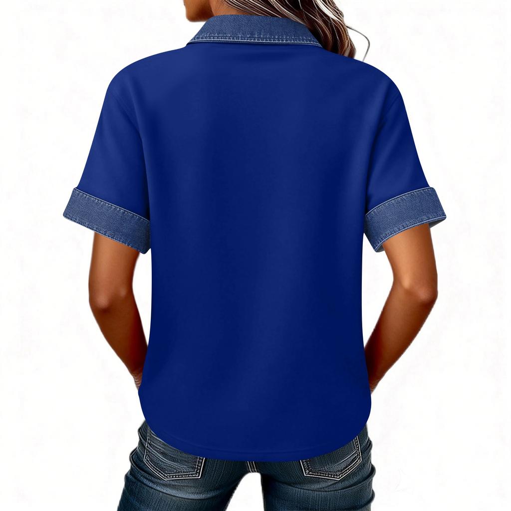Denim Patchwork Hemden für Damen Stehkragen Lässige Bluse Kurzarm Bequemes T-Shirt Frühling Sommer Mode