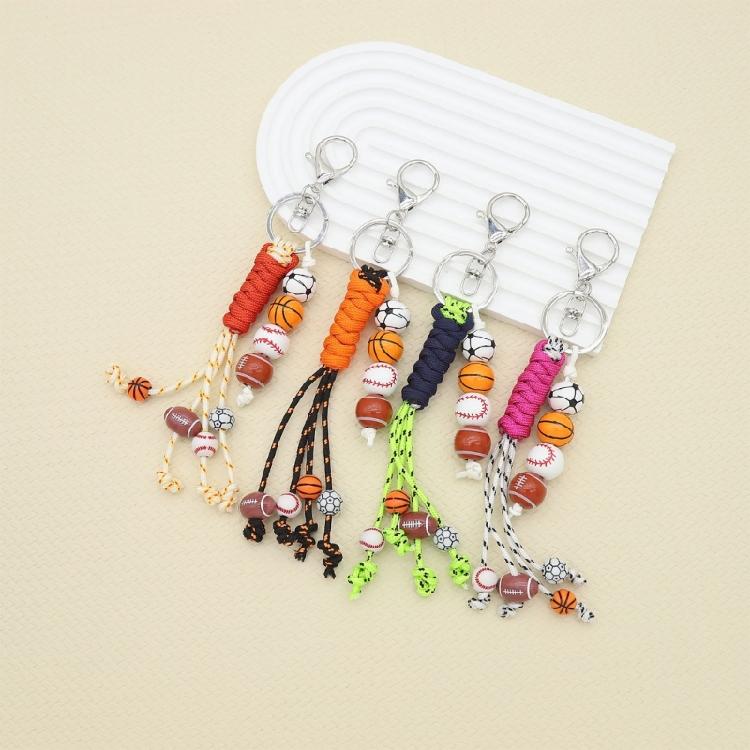 Pack of 4 Fashionable Sporty Keychains Handwoven Polyester Rope Wood Bead Basketball Baseball Football Themes Keyring