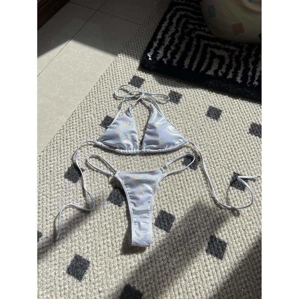 Halter Glitter Sparkling High Leg Cut Bikini Women Swimwear Female Swimsuit Two-pieces Bikini set Bather Bathing Suit Swim