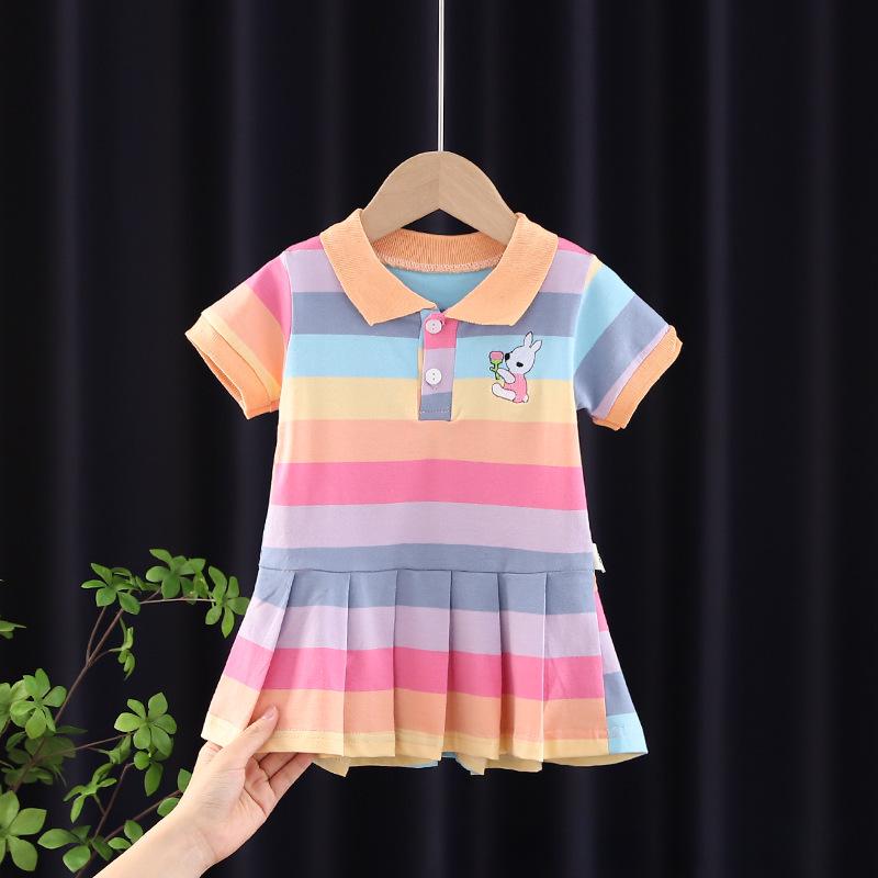 Stylish Infant Girls' Summer Dress: Lapel, Striped, Pleated Skirt for Ages 1-3