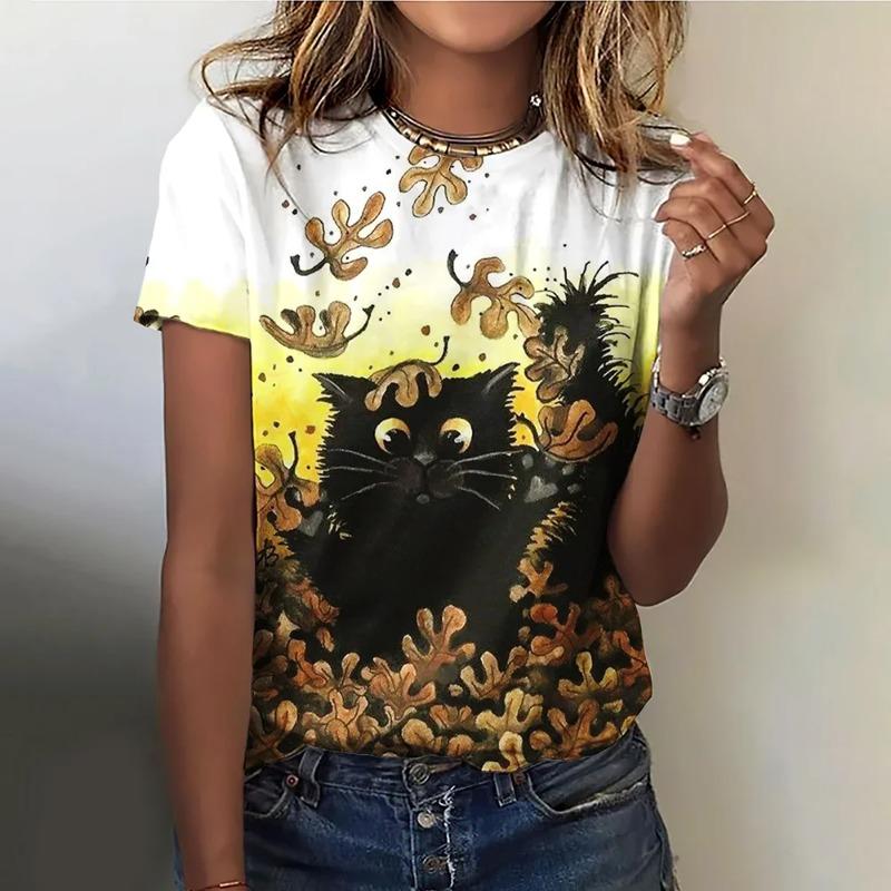 Summer O-Neck Short Sleeve Women's T-Shirt 3d Printed Black Cat Pattern T-Shirt Pullover Top Fashion Street Female Clothing 2024