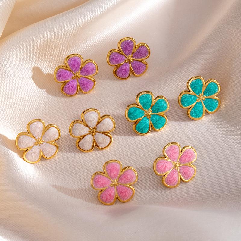 Hot Selling Enamel Drip Flower Stainless Steel Stud Earrings for Women - Holiday Style Titanium Steel Jewelry