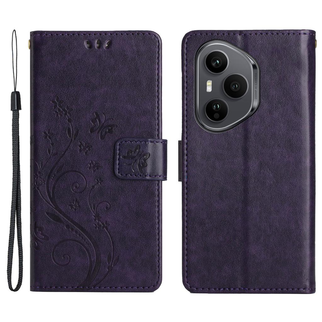 For Honor 400 Pro 5G (Global) Leather Wallet Case Butterfly Flower Imprinted Phone Cover with Strap