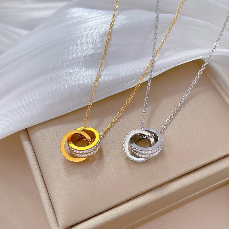 Double Ring Full Diamond Minimalist Furnace Real Gold Necklace Female Collarbone Chain Accessories