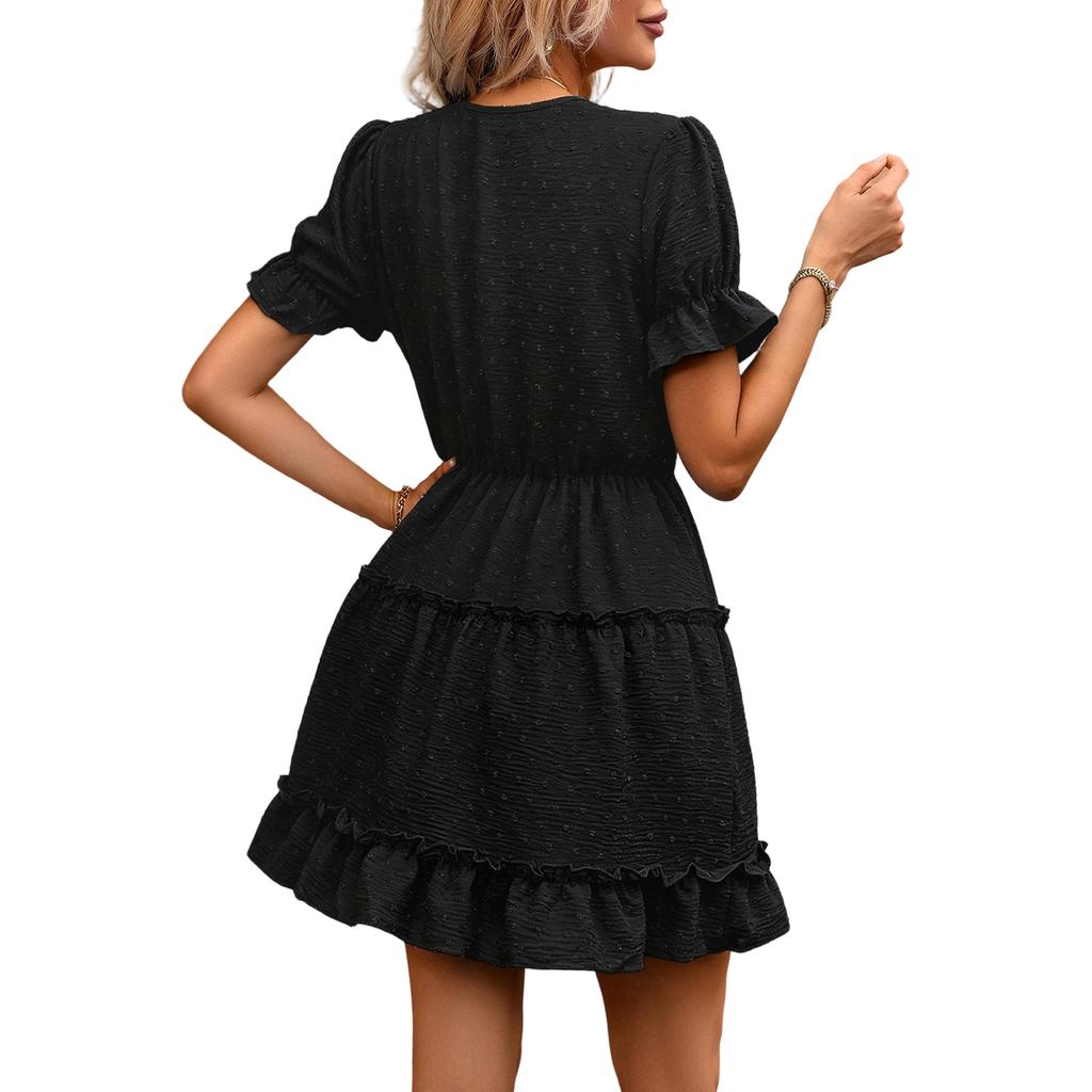 Zomerse Casual Jurk voor Dames met Korte Mouwen, Strik in de Taille, Gerimpelde Zoom, V-hals Design, Lichtgewicht Stof, Elegante Stijl