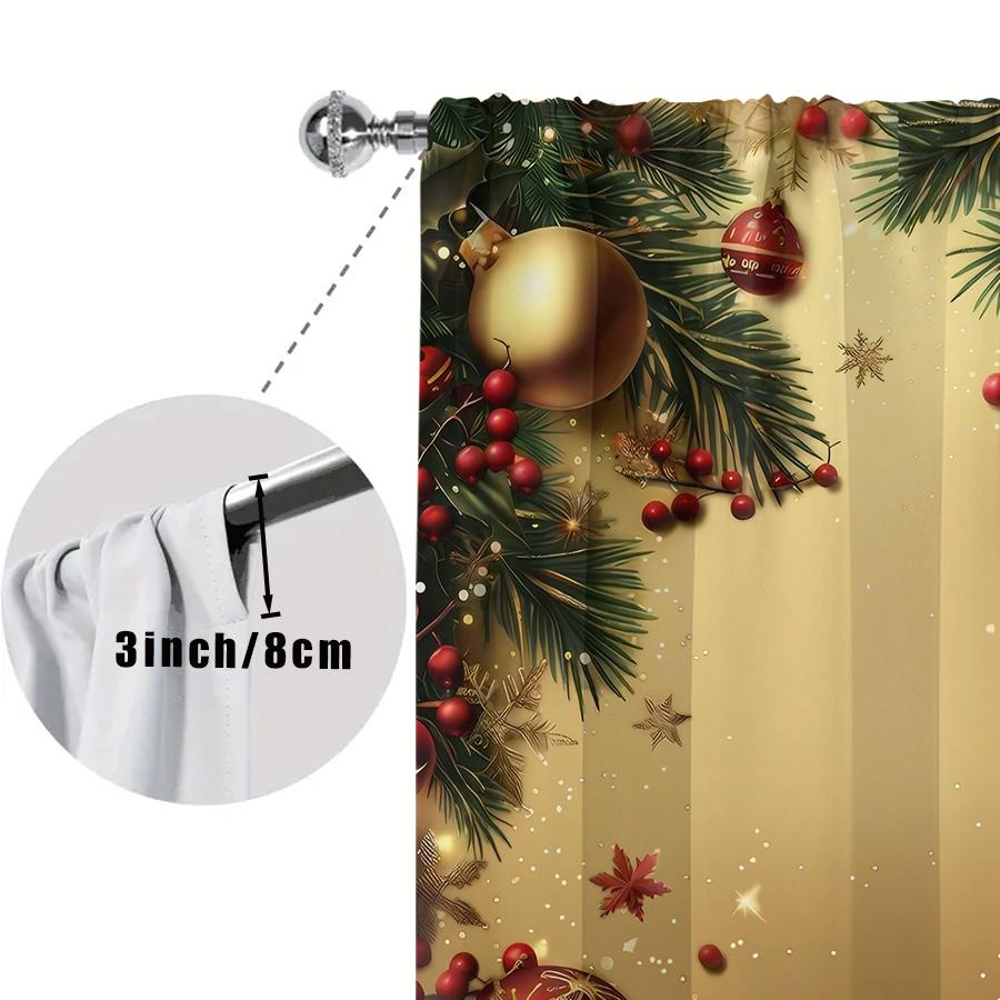 2PCS Gold Christmas Print Curtains, Xmas Ball Pine Branch Snowflake Window Drapes for Holiday Bedroom Living Room Decor