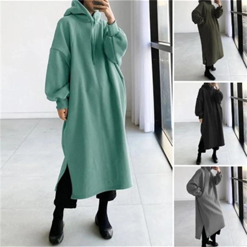 Felpe lunghe con cappuccio foderate in pile da donna Autunno Inverno Moda Casual Solido Ampio Manica Lunga Felpe Y2K Femminili