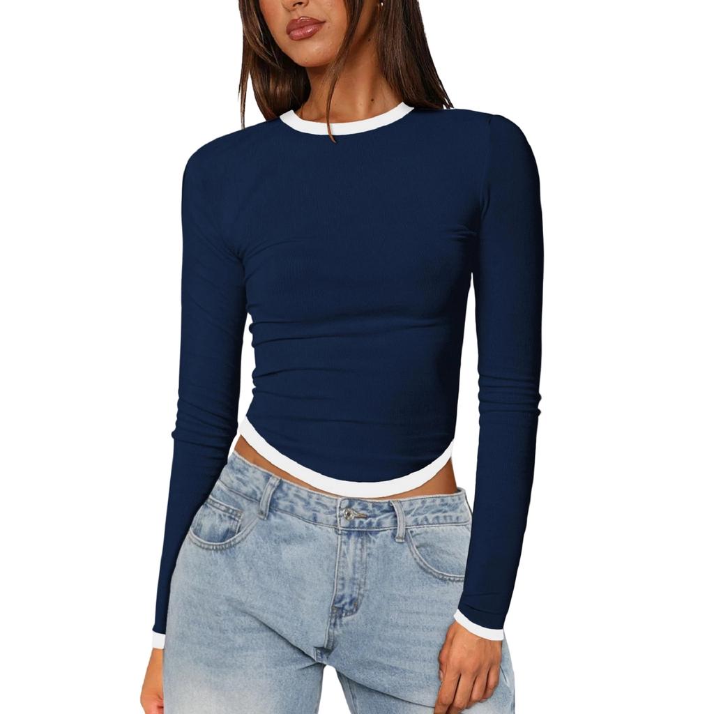Women's Long-Sleeve Slim-Fit Color Block Crop Base Layer Top