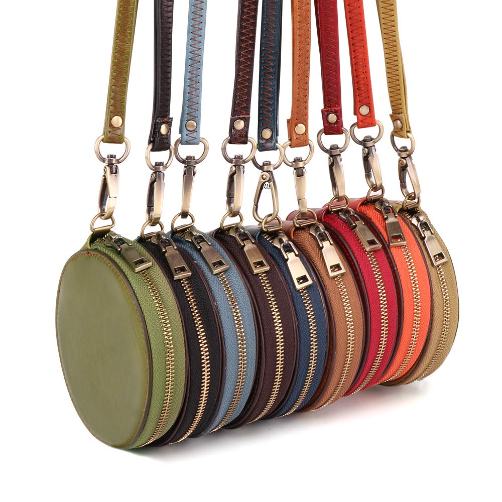 Women's Coin Purse, Genuine Leather Coin Purse, Round, Compact, Small Item Storage, Jewelry Bag (K058 Coffe)