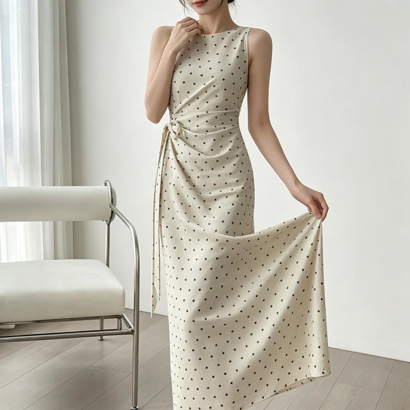 New High-end Temperament Polka Dot Dress Women's Side Waist Strap French Sleeveless Long Dress Summer Tide